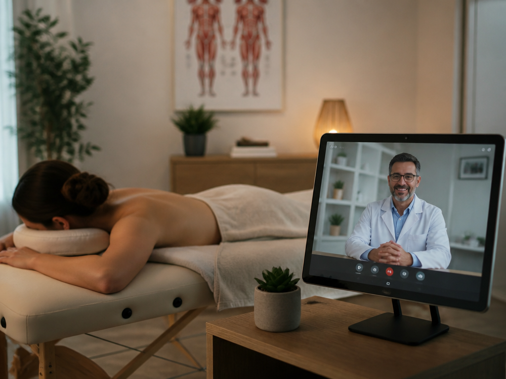 Telemedicina in studio: medico in camice in videoconferenza con una persona sul lettino da massaggio
